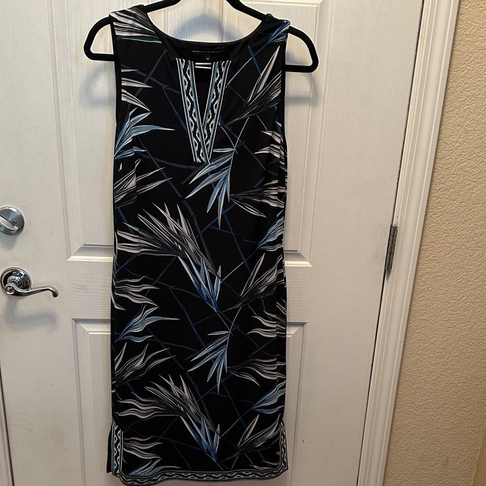 White House Black Market Black and Blue Leaf Print Midi Dress Wedding Guest